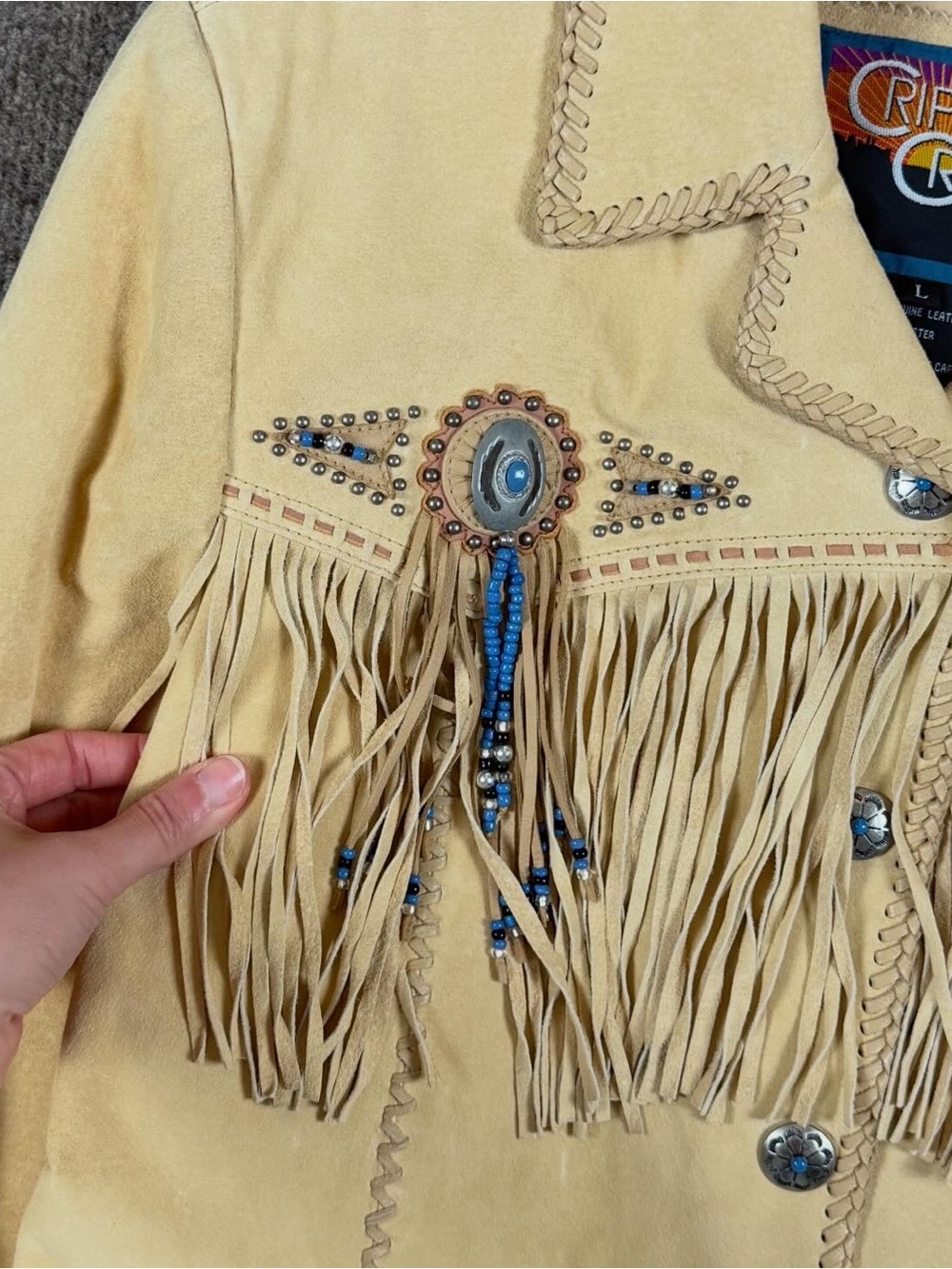 Cripple Creek Tan Suede Leather Fringe Western Jacket Womens L Beaded Medallions - Picture 6 of 15